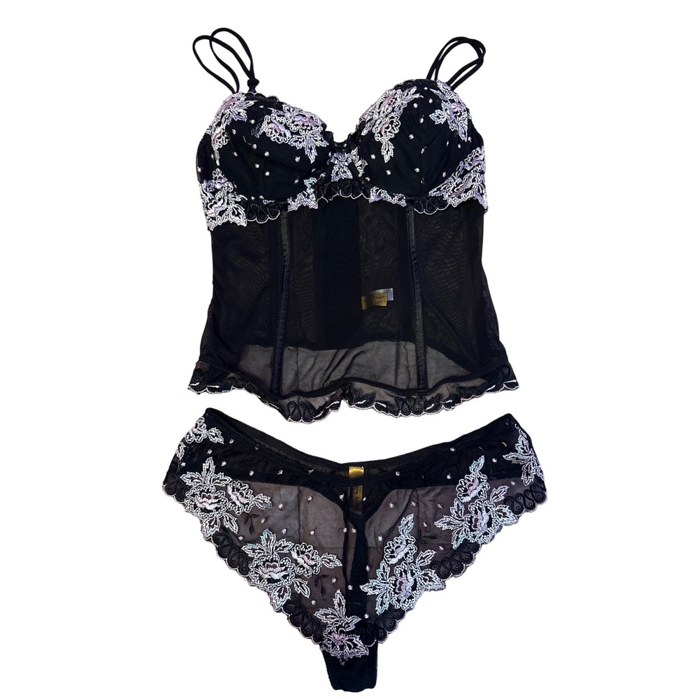 Donna Loren Gold Label Womens Black Lace‎ Mesh Bustier Panty Lingerie Set, 36C L